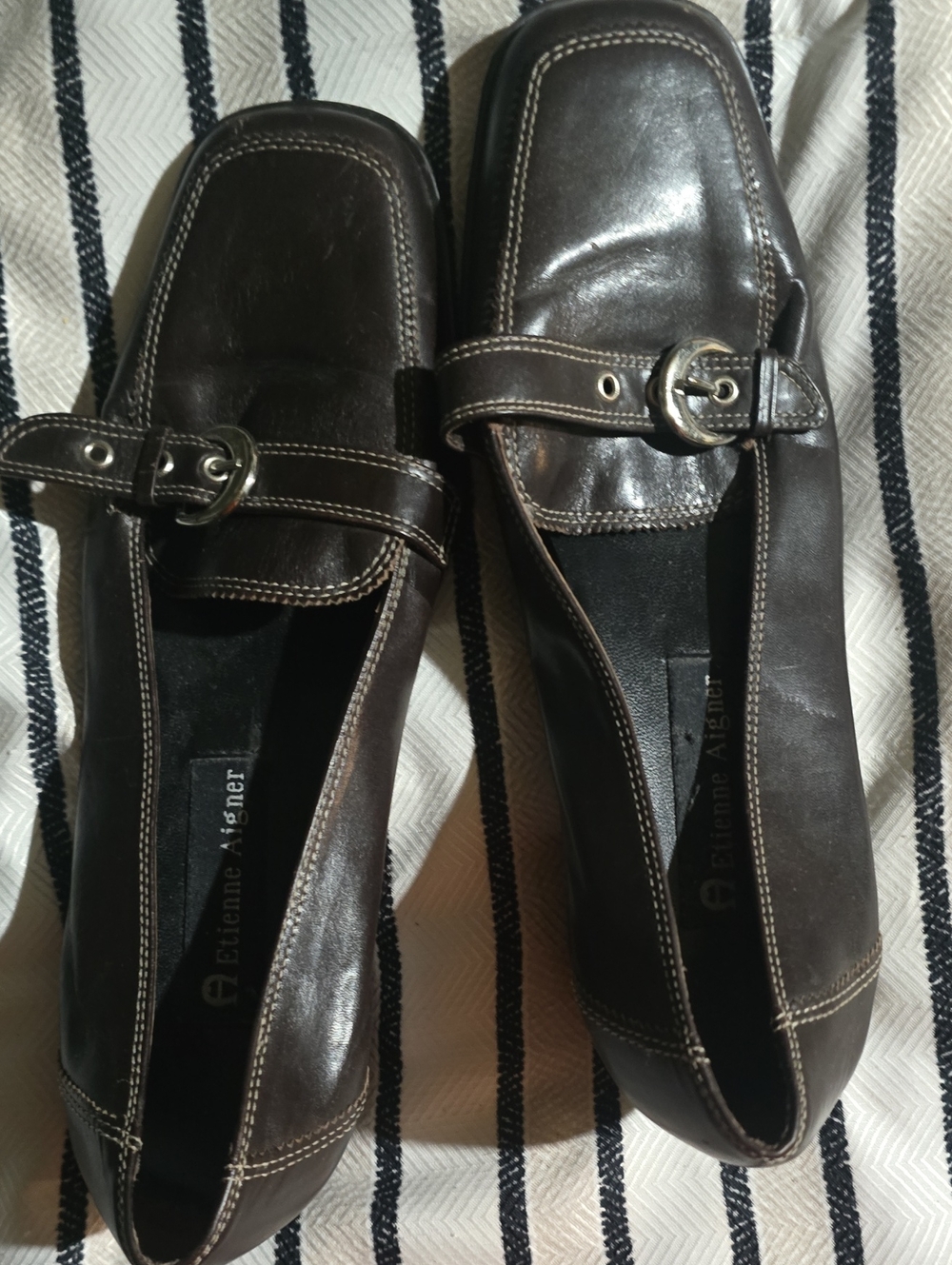 Etienne Aigner Dark Brown Leather Slip-On Loafers with Buckle Accent